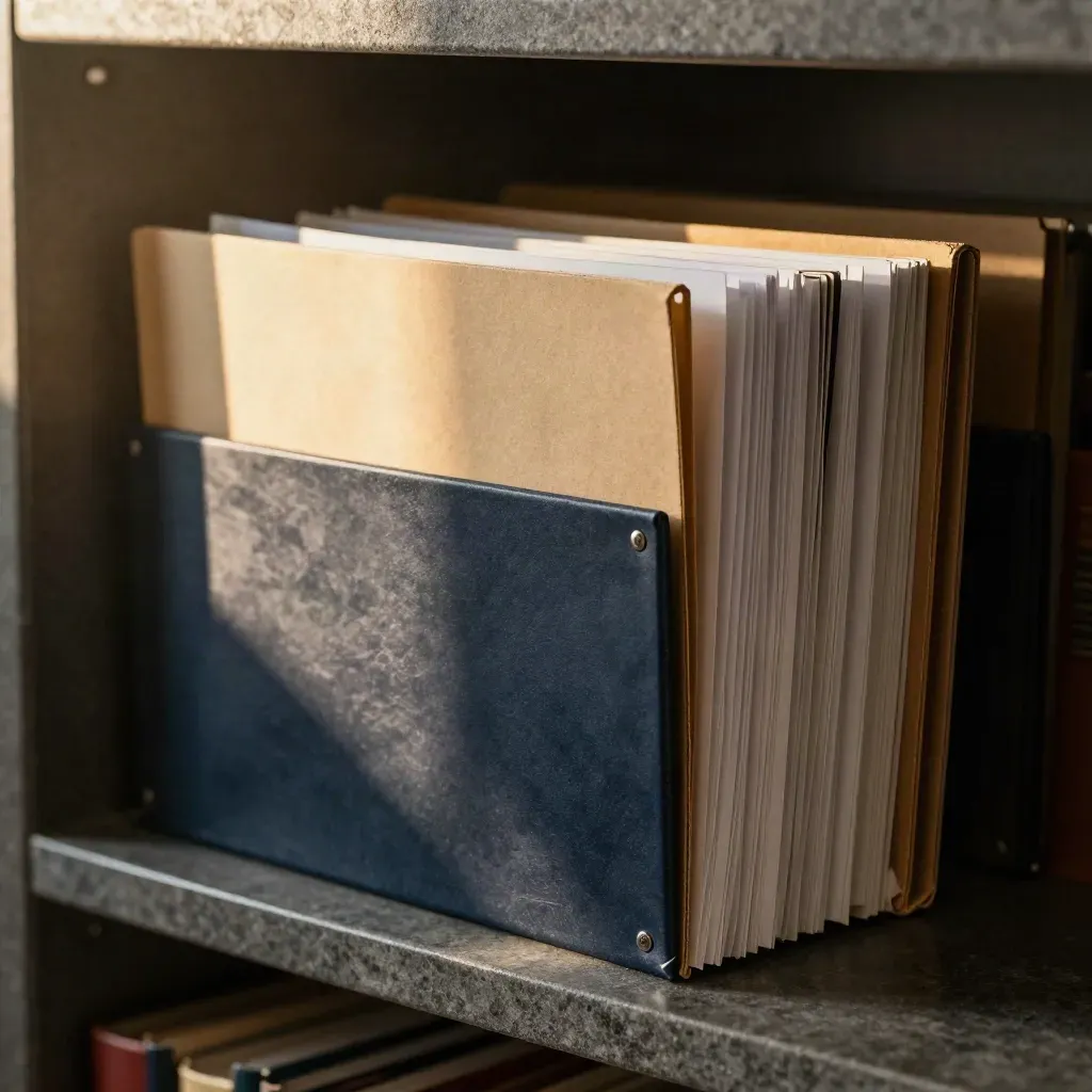 Litigation file bundle and court mailer on a stone shelf in warm afternoon light.