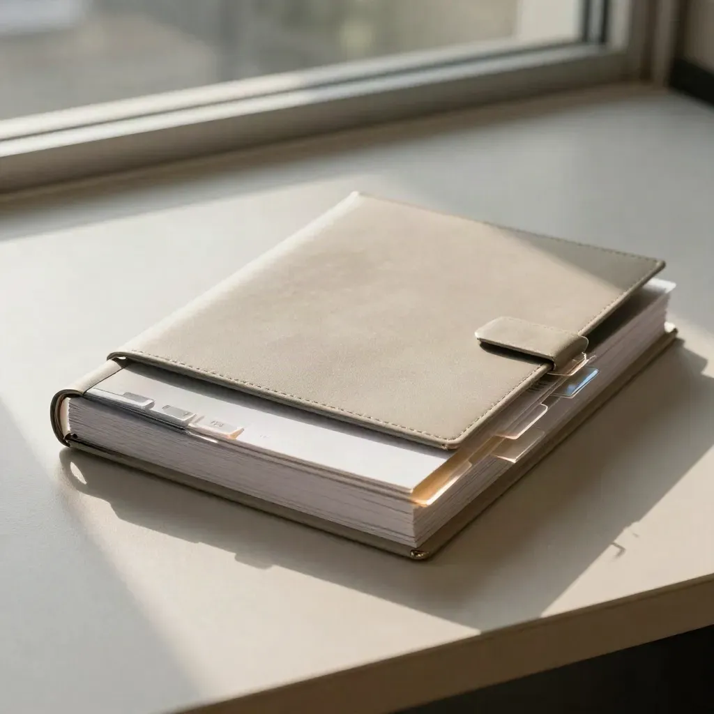 Closed employment handbook, policy folder and divider tabs on pale ash under soft daylight.