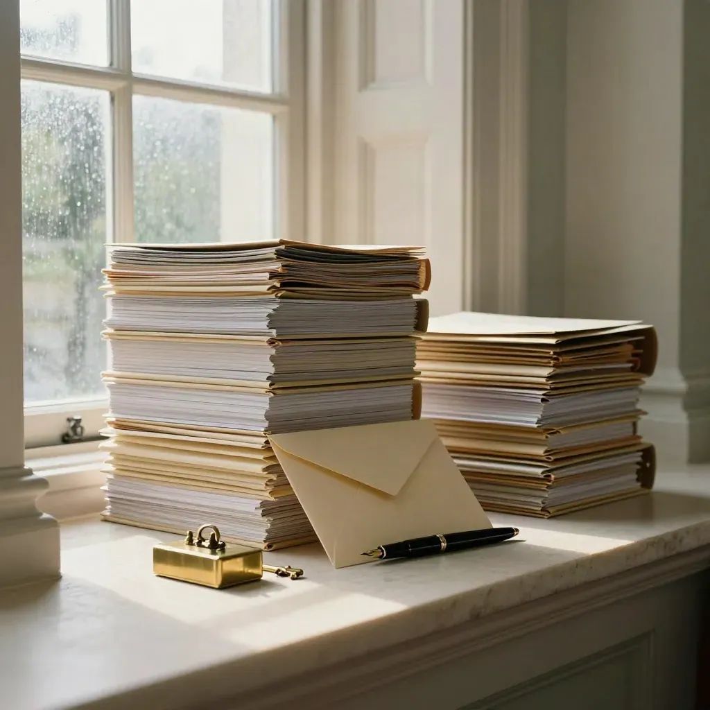 Cream legal binders and brass keys on a stone ledge in a sunlit Georgian office bay