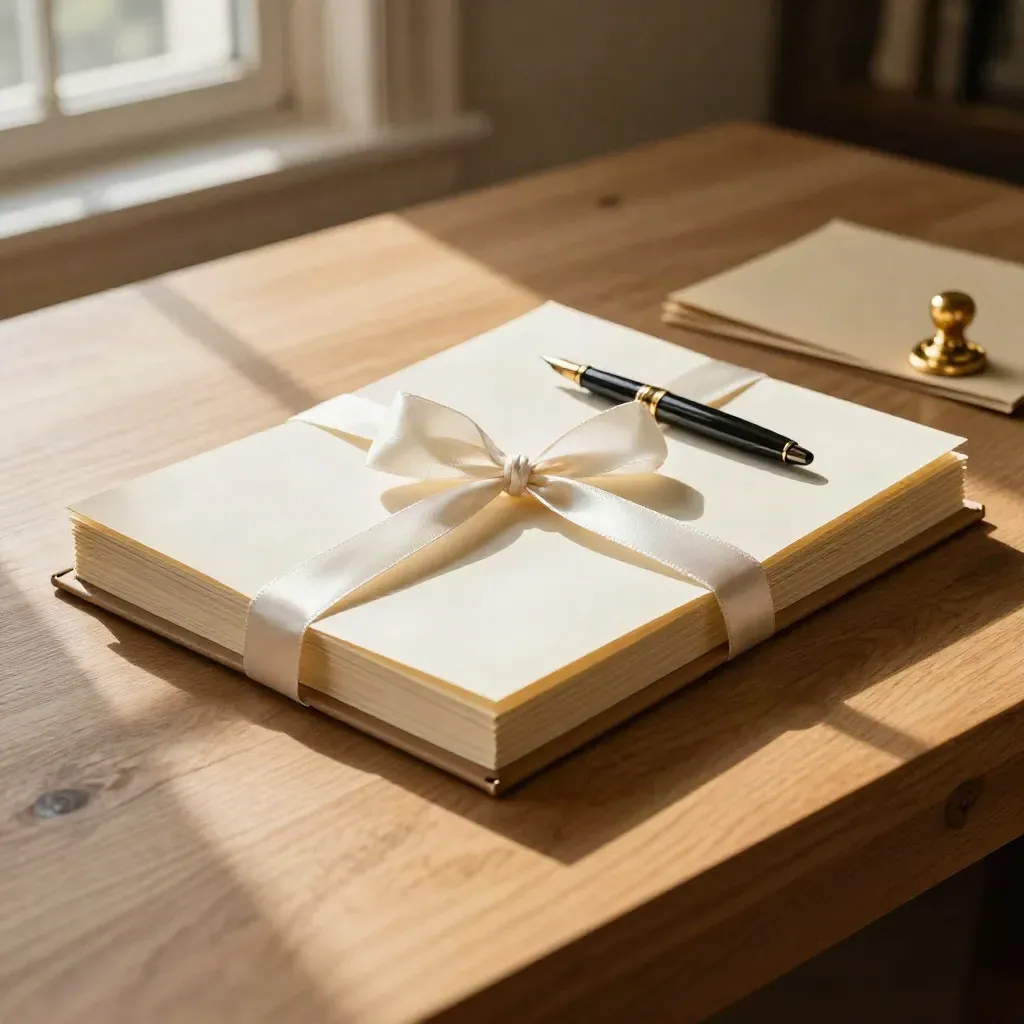 Ribbon-tied legal papers on a pale oak table with pen and gold seal in warm window light