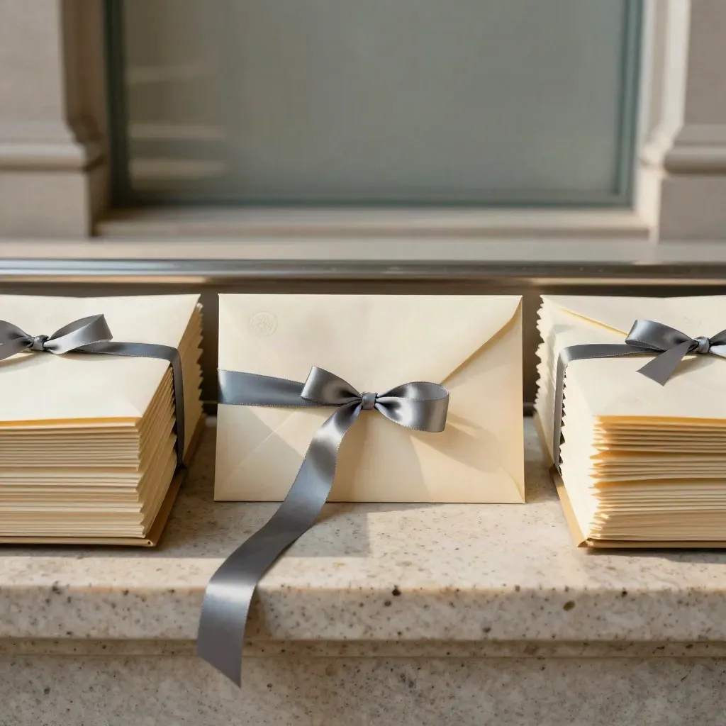 Two legal correspondence bundles and a settlement envelope with a slate ribbon on travertine