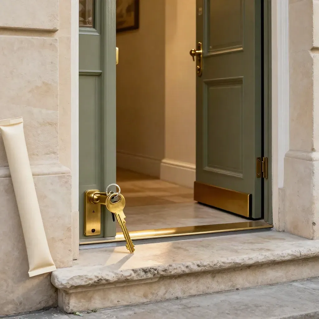 Brass key ring, lockset and plan tube at a townhouse threshold in warm cinematic light.