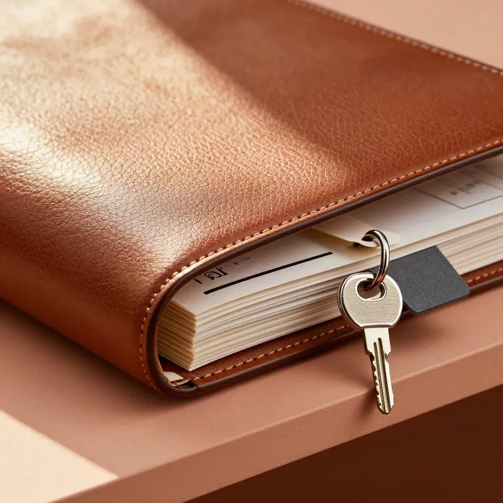 Business legal support kit on a pale shelf with folder, mailers, keys and briefcase.