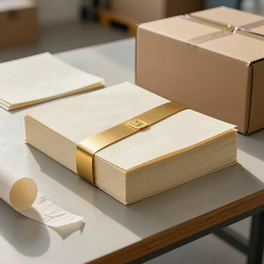 Sealed legal agreement bundle beside cartons on a packing bench