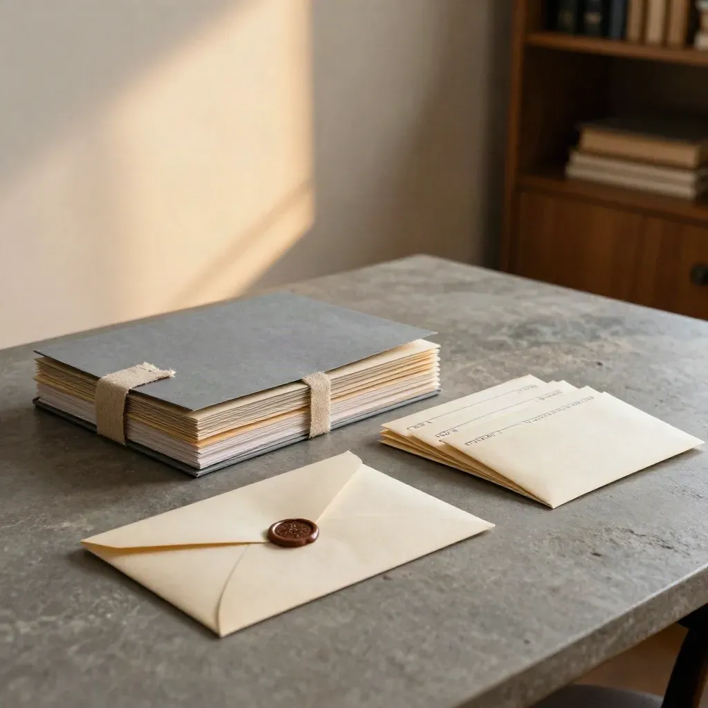 Claim folders, settlement envelope and payment-plan envelopes on a cool stone office tabletop.