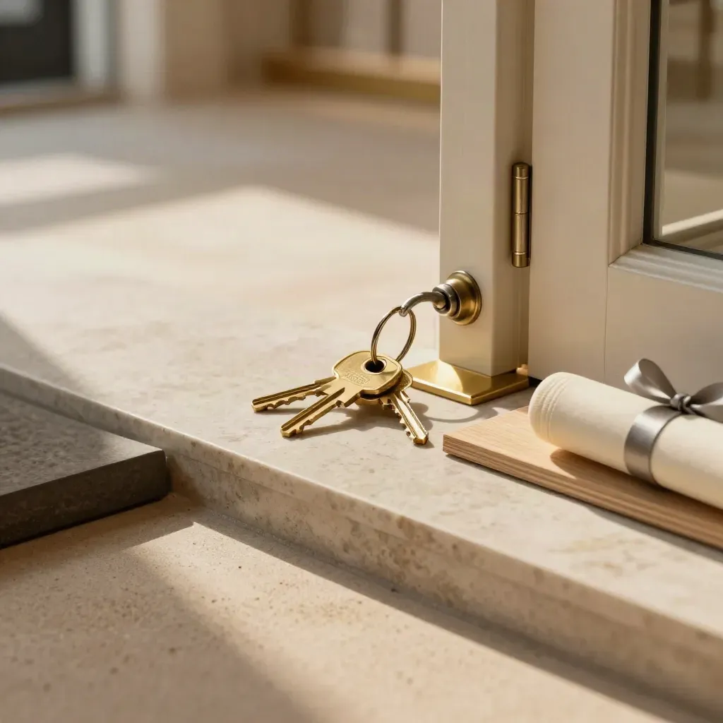 Brass keys, lock hardware and a rolled lease tube resting at a shop threshold