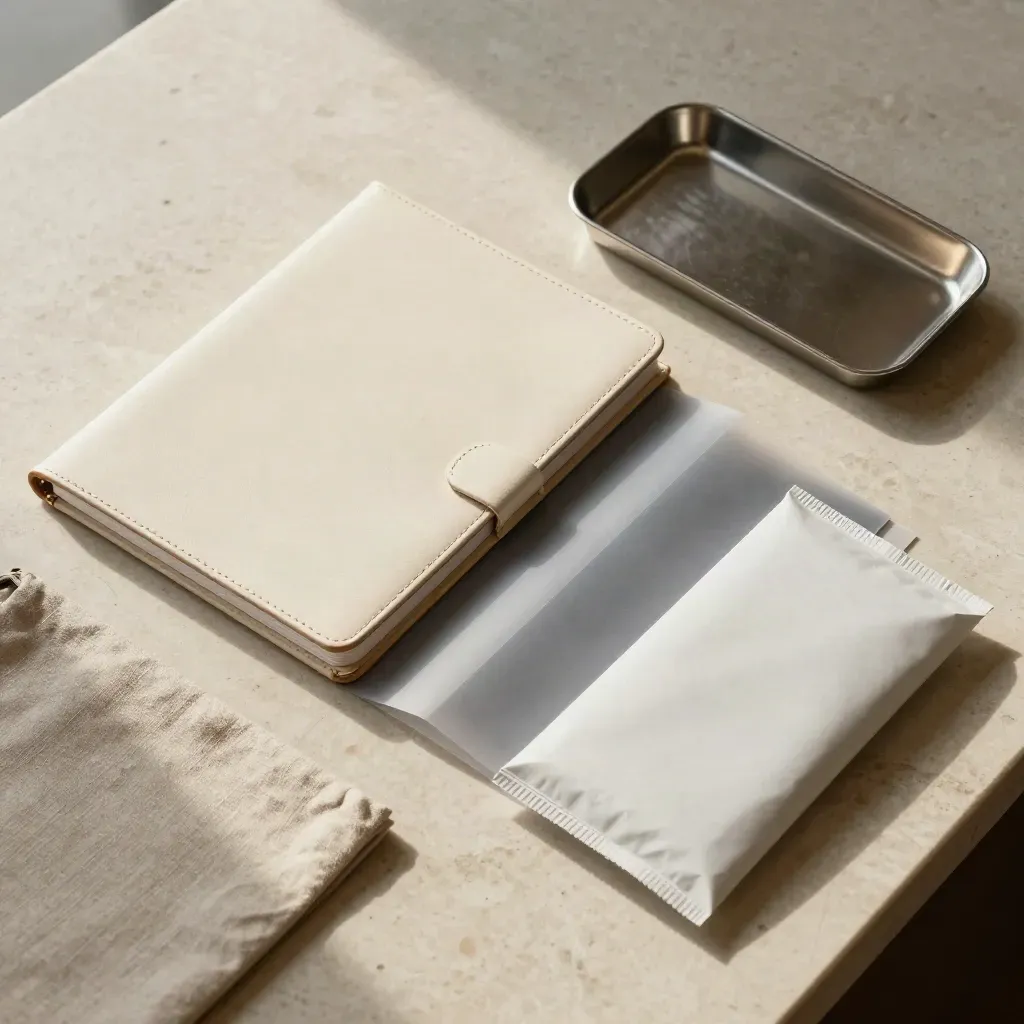 Overhead legal onboarding set with folio, binder, sleeves and mailers on limestone.