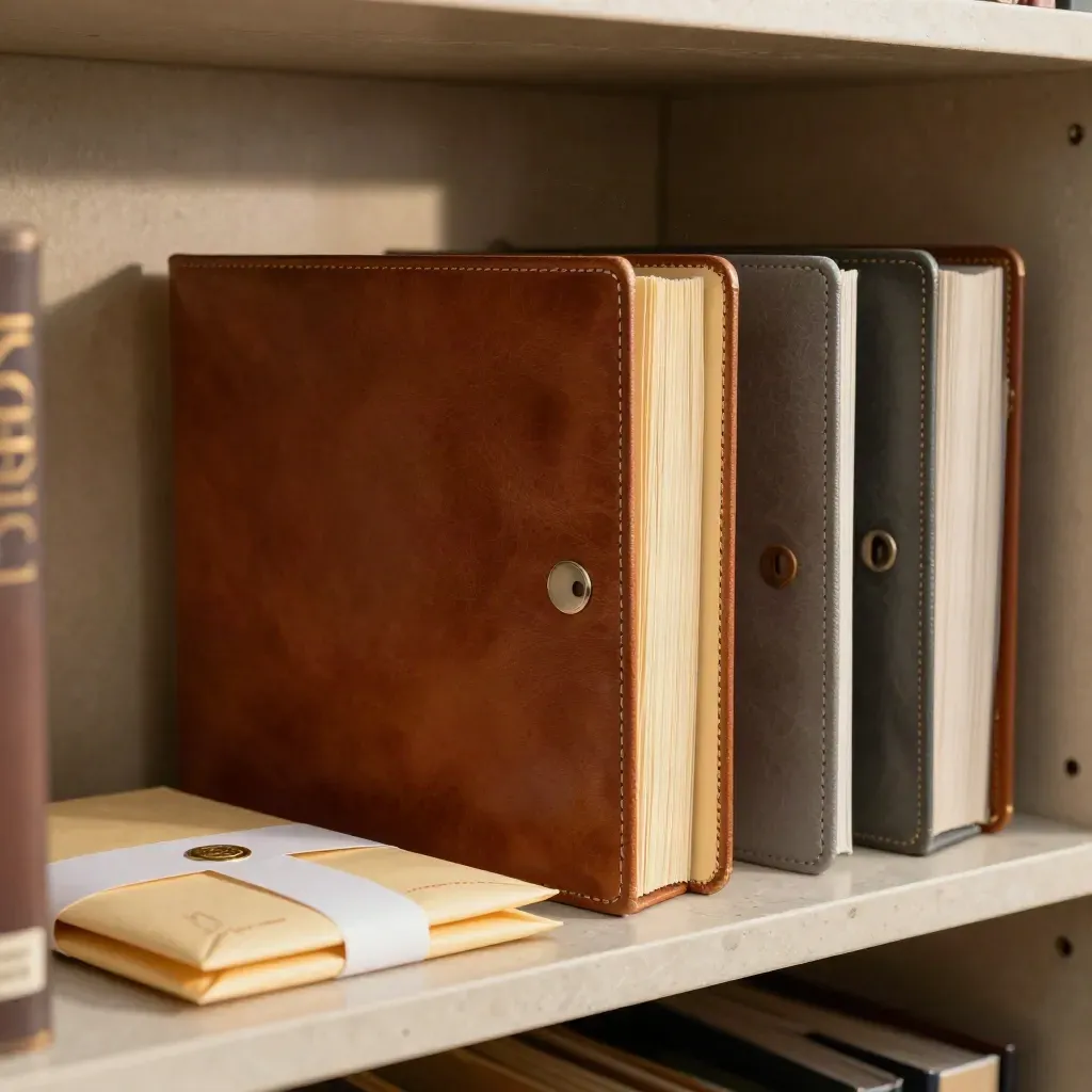 Three legal folders, sealed mailers and an IP bundle on a limestone shelf in dramatic light