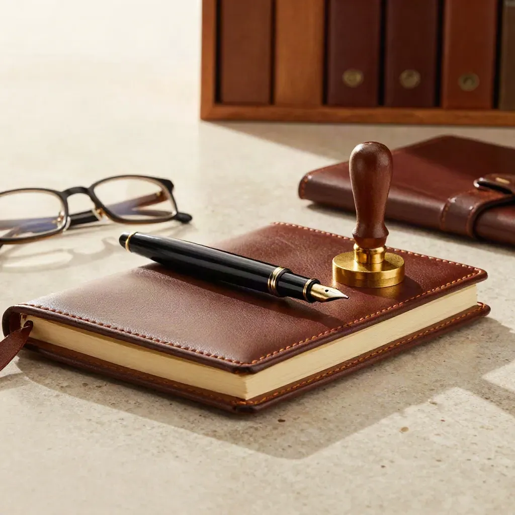 Lawyer’s pen, brass seal stamp, leather notebook and folded glasses on travertine