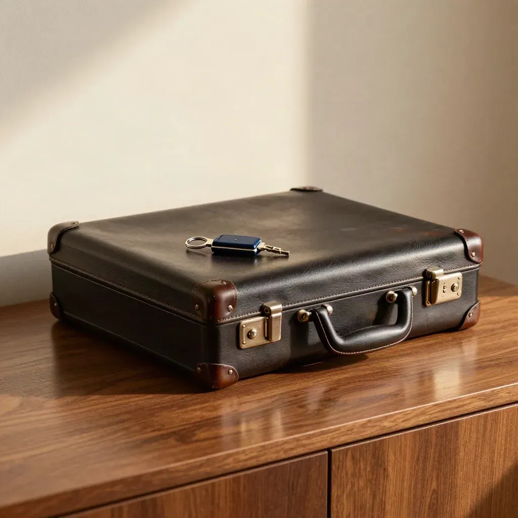 Leather briefcase corner, file edges and key fob on walnut under raking light