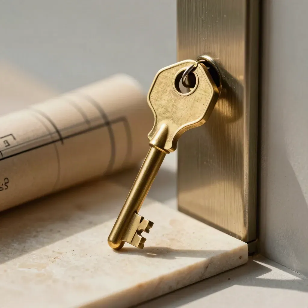 Brass key and latch plate beside a rolled plan tube on pale stone