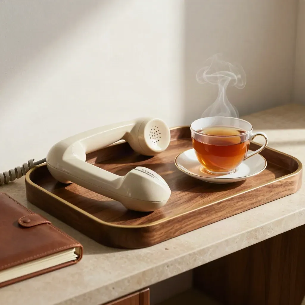 Steam rises beside a telephone handset, closed notebook and tea on a walnut tray.