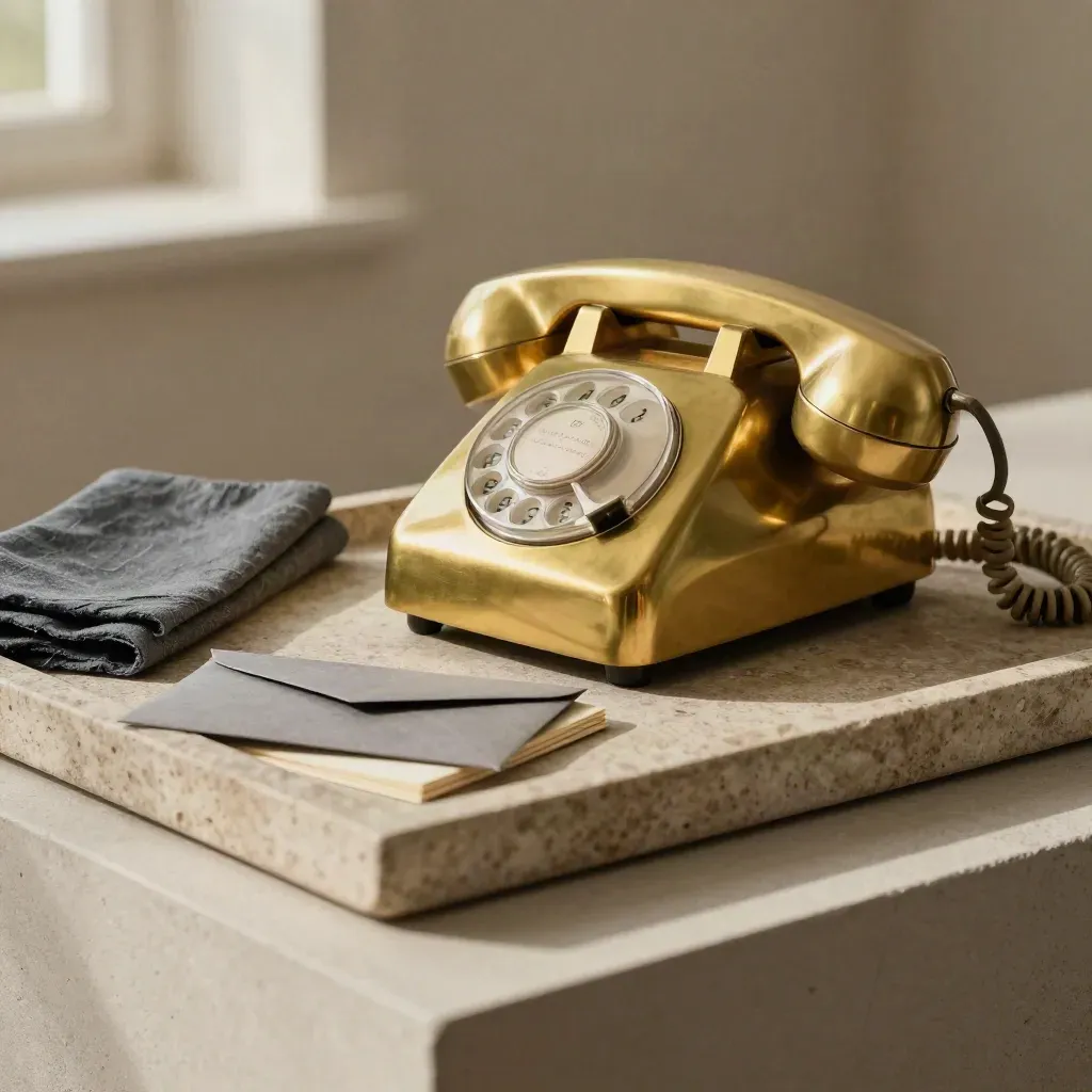 Brass desk telephone beside an envelope and notepad on a stone tray