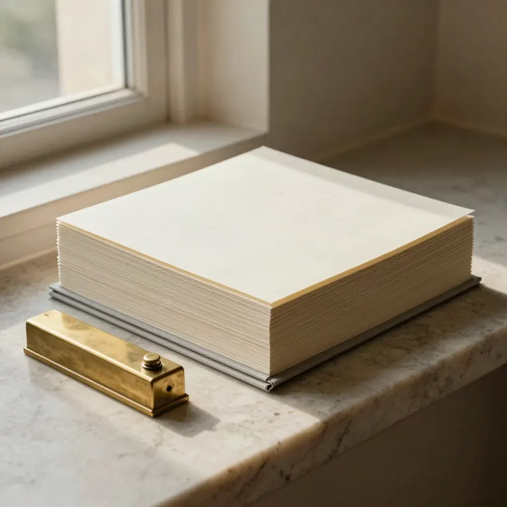 Ivory review sheets, brass paperweight and pale folders on a limestone ledge.