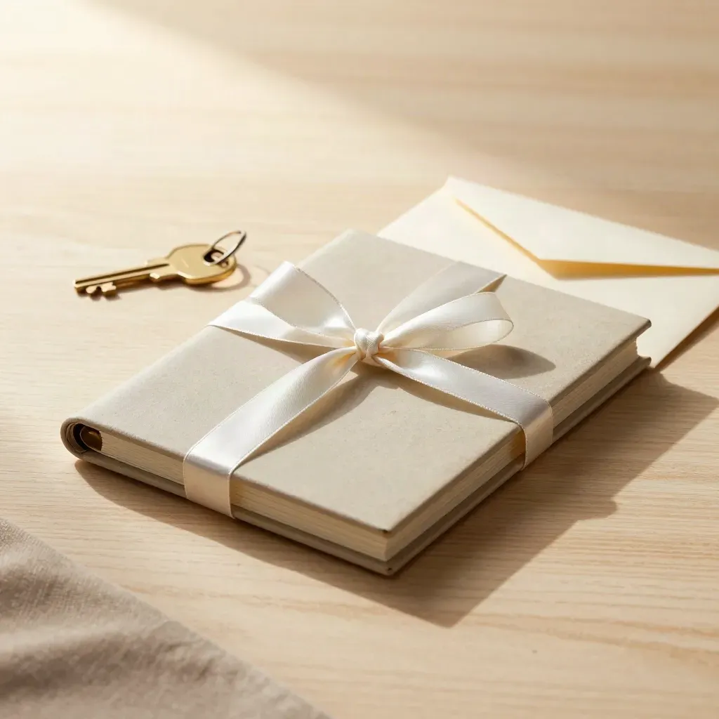 Closed folders tied with ribbon beside a key ring and sealed envelope on pale wood.