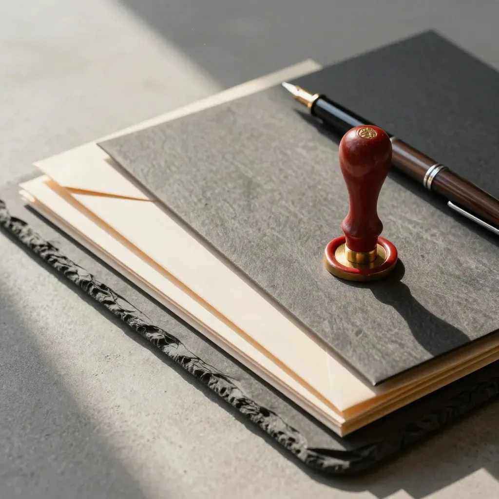 Legal workflow tray with folders, pen, wax seal and envelopes on concrete