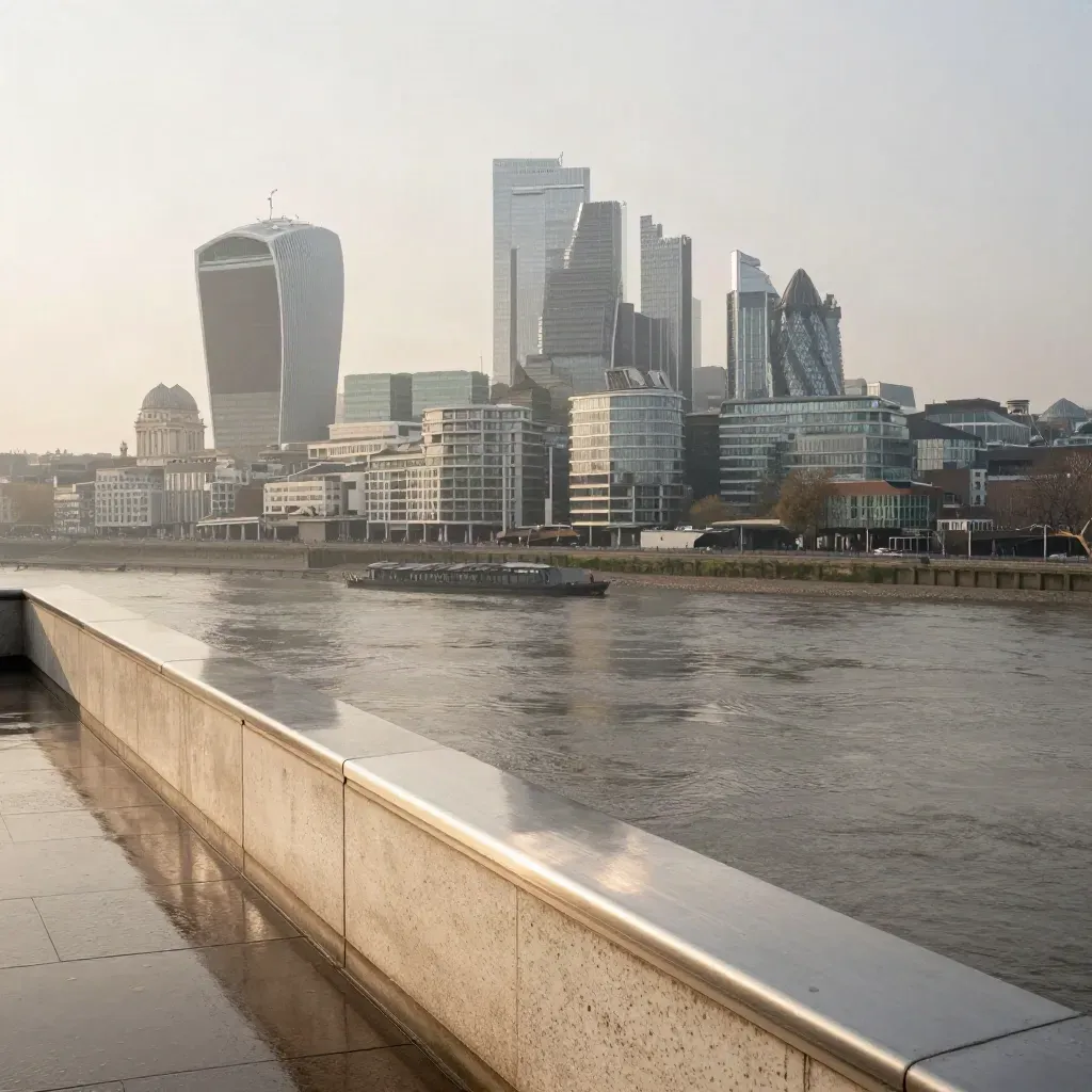 High rooftop Thames view with London skyline in haze, calm river below, travertine parapet in foreground