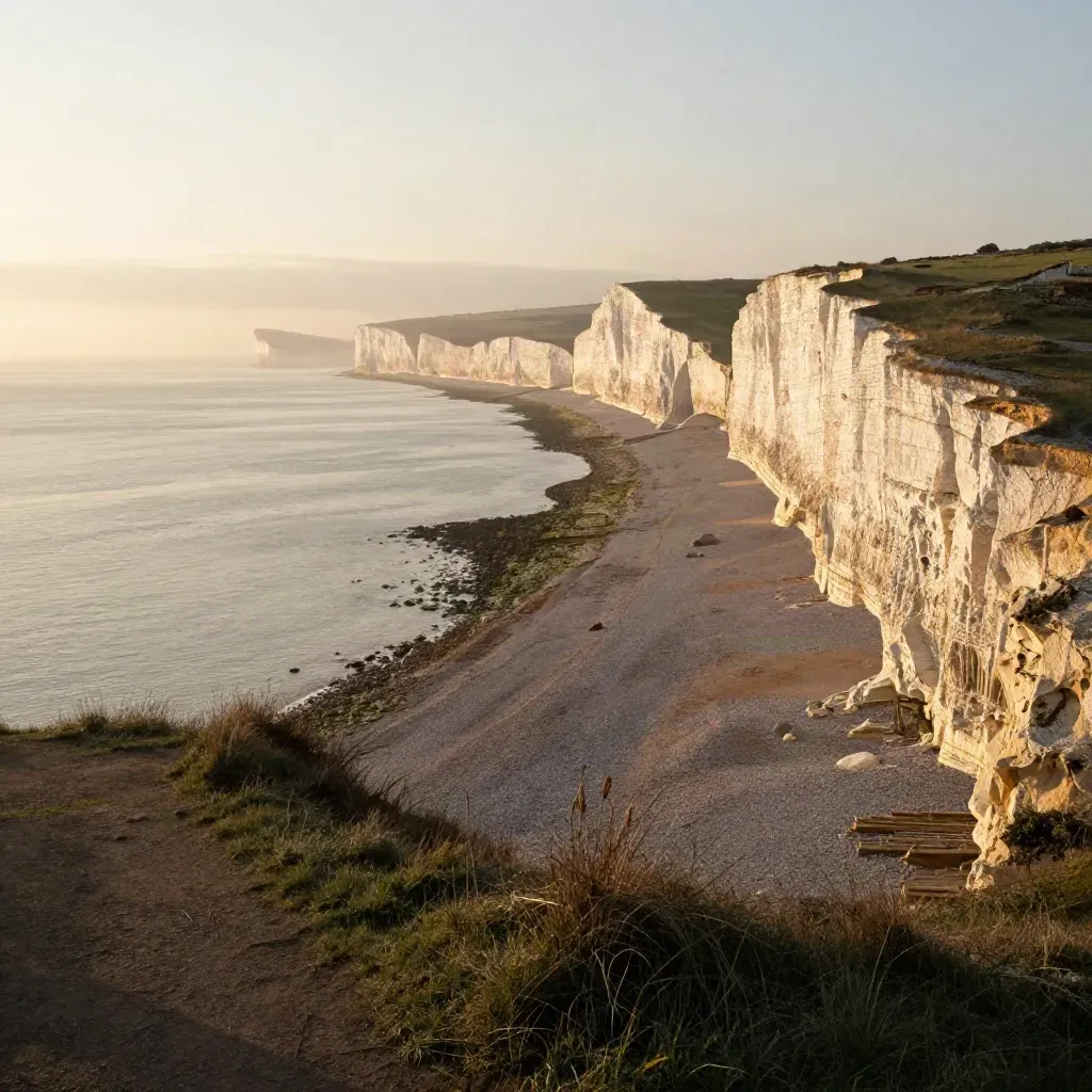 Golden chalk cliffs and misty shingle coast above a calm English Channel at sunset.