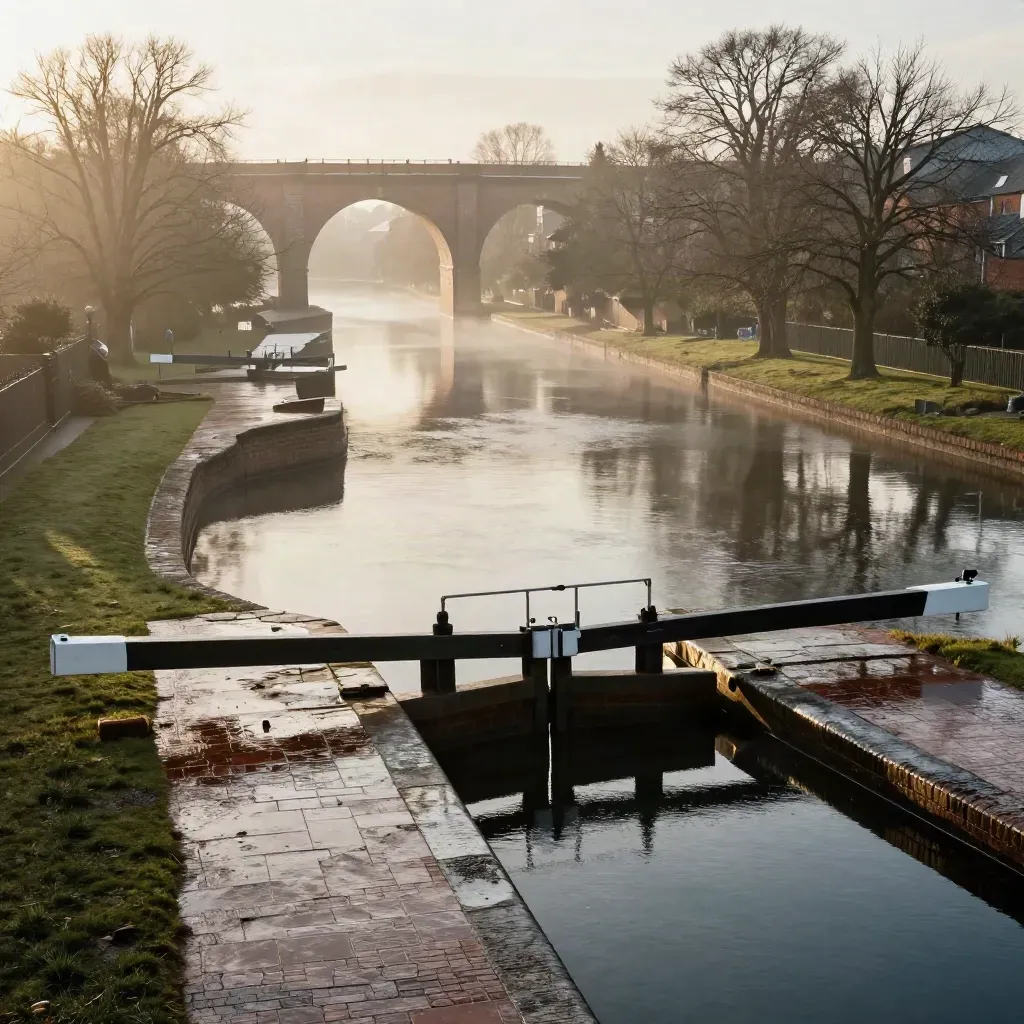 Birmingham canal viaducts and rain-glossed water under hazy golden light