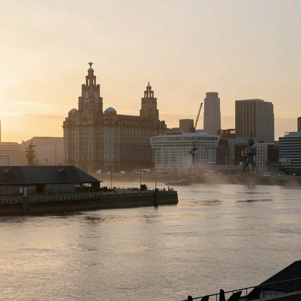 Liverpool waterfront at dusk with warm haze, skyline high and open calm water below.
